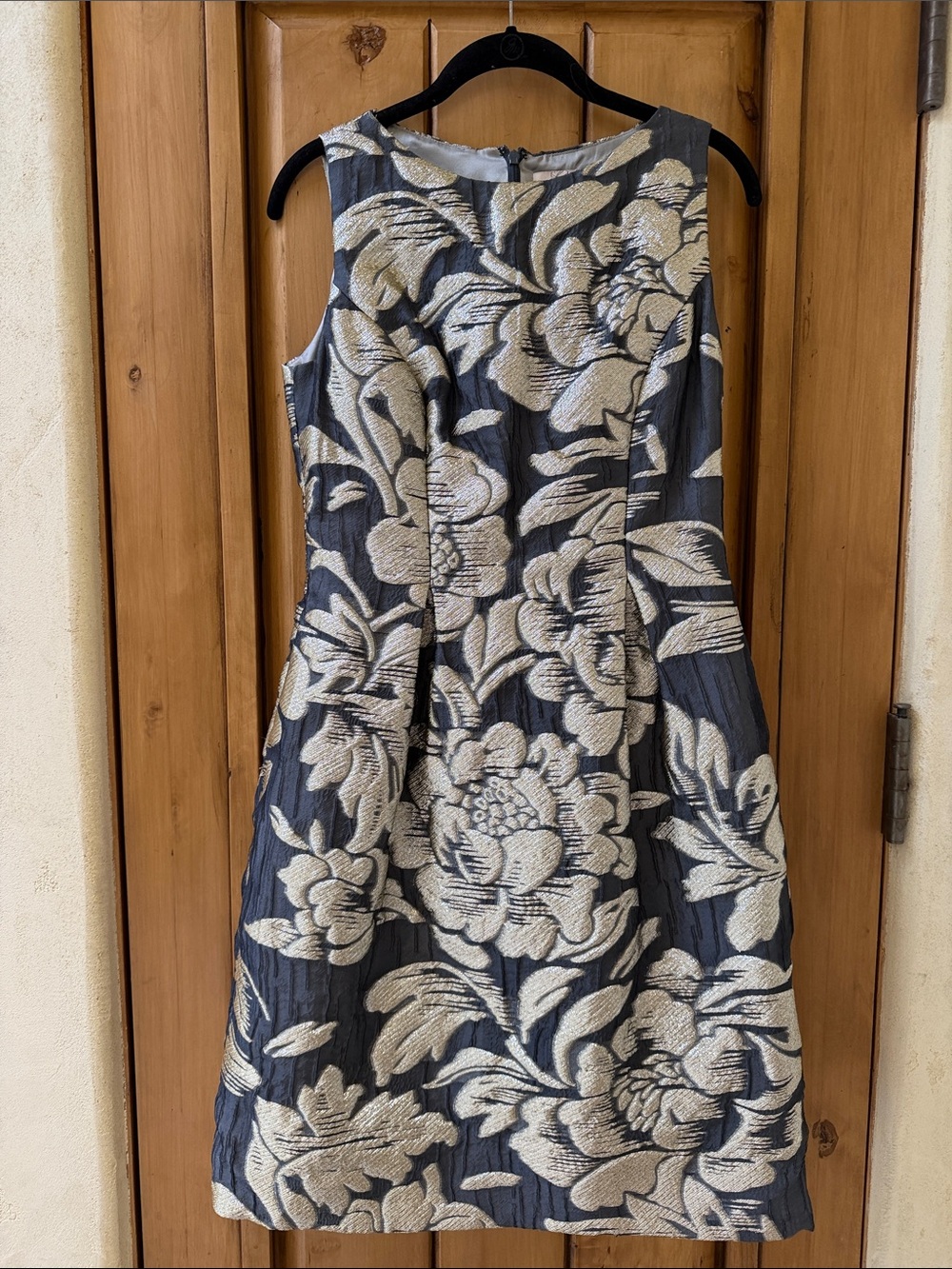 Lela Rose Sleeveless Charcoal Dress with Gold-Floral Jacquard